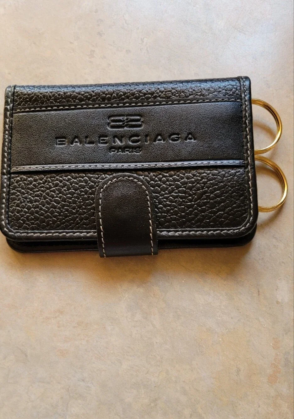 Black Leather Balenciaga Key Pouch 2 Key Rings, Card Holder Slot & A Zipper Slot